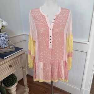 Free People Women Pink Yellow Patchwork Boho Tunic Dress Long Sleeve Viscose